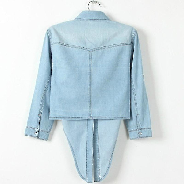 Mote dame fritid 3/4 erme knapp ned crop jean topp knute knyte denim skjorte jakke Sky Blue M