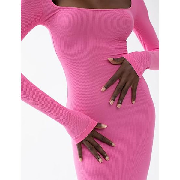Kvinders firkantet hals langærmet maxikjole blød lounge ribstrikket bodycon kjole til kvinder rose M rose m