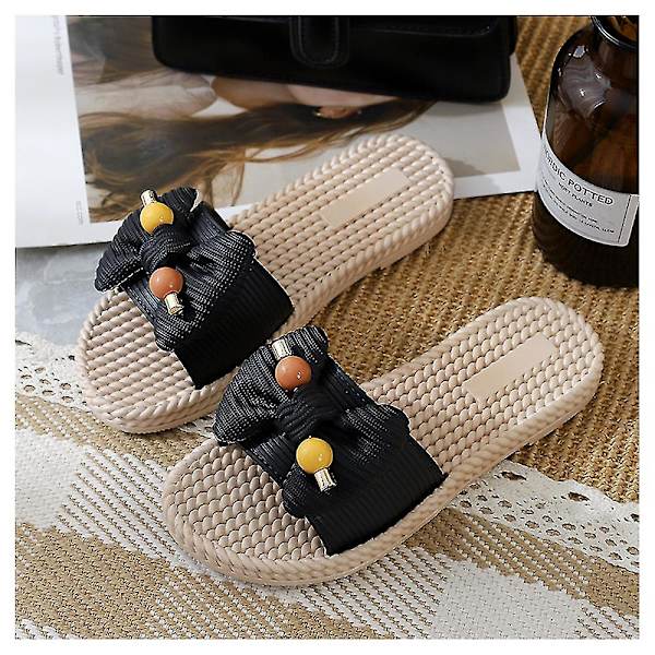 Søte Slippers med Sløyfe for Kvinner, Casual Sommer, Flate Sklisikre Sandaler for Hjemmet R Black 40