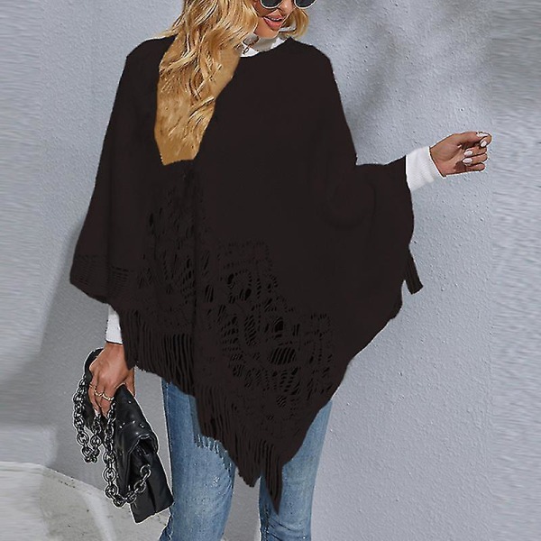 Dame Langærmet Poncho Sweater Casual Arbejds Pullover Cape Vinter Varm Strikket Kappe Black S