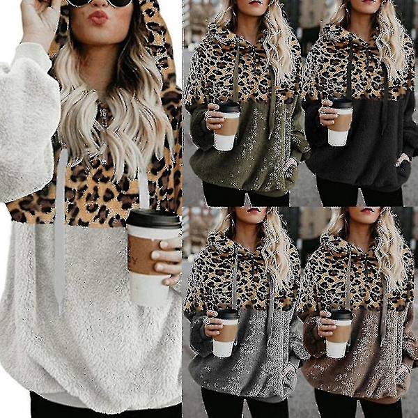 Hættetrøje til kvinder Leopard Print Plys Sweatshirt med lommer Snørehætte Gray 3XL