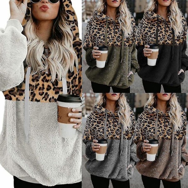 Hættetrøje til kvinder Leopard Print Plys Sweatshirt med lommer Snørehætte Gray M