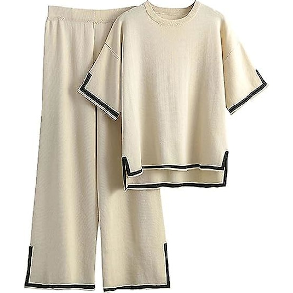 Fashion Kostym Färgkontrast Split Kortärmad Stickad + Högmidjade Slankande Vida Byxor Tvådelad Set Apricot M