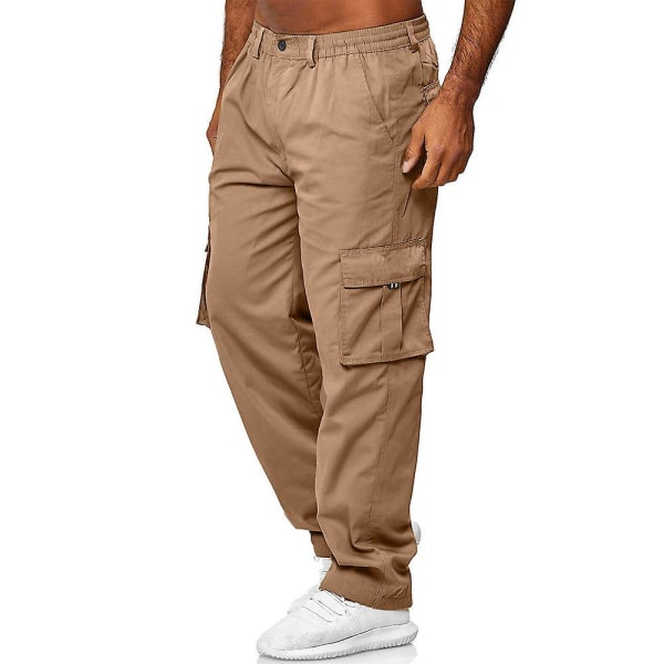 Herr Enfärgad Elastisk Midja Combat Cargo Byxor Lediga Lösa Raka Ben Byxor Khaki XL