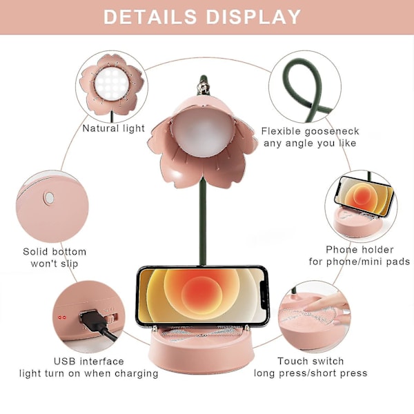 Bordlampe til børn, dæmpbar LED-bordlampe med 3 farvetemperaturer til læsning, studier, arbejde - kirsebærblomstpulver Cherry Blossom Powder