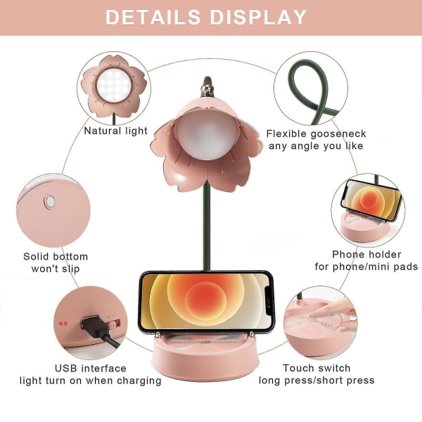 Skrivebordslampe for barn, dimbar LED-bordlampe med 3 fargetemperaturer for lesing, studier, arbeid - kirsebærblomstpulver Cherry Blossom Powder