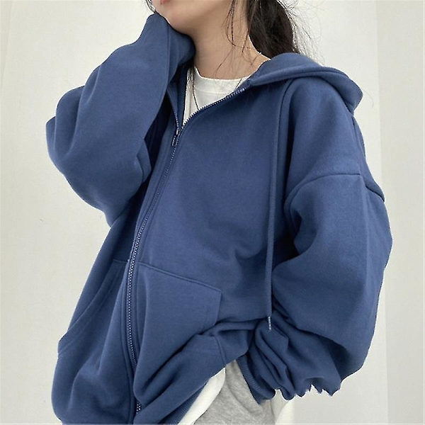 Damhuvtröja med dragkedja, enfärgad ficka, sweatshirt, höst, långärmad, lös basebolljacka EA00513*BLUE XXL