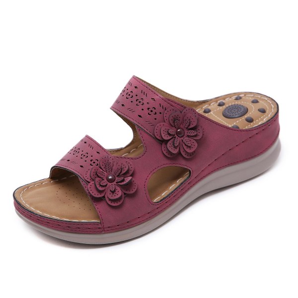 Sandaler med blomdesign, vintage, bekväma massageslippers Deep red 39