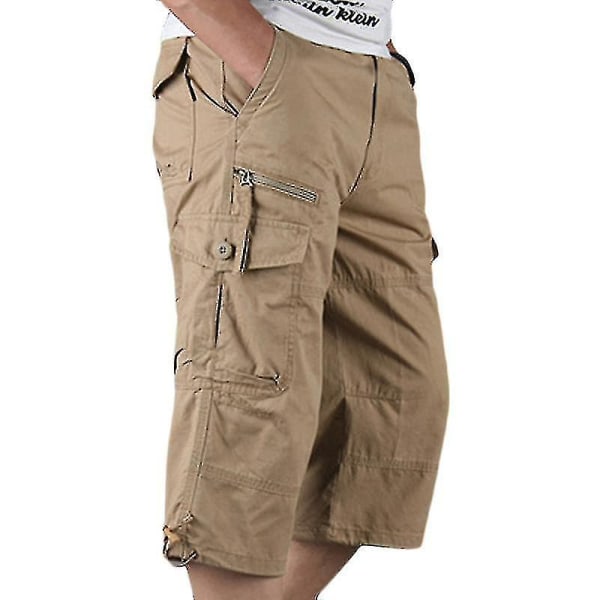 Herr 3/4 Lång Längd Elastiska Shorts Midja Cargo Combat Tre Kvarts Byxor Khaki XL