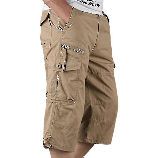 Herre 3/4 Lange Elastiske Shorts Talje Cargo Combat Trekvart Bukser Khaki XL