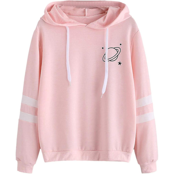Dame Planet Print Varsity Stribet Trøje med Snørehætte Pink Large