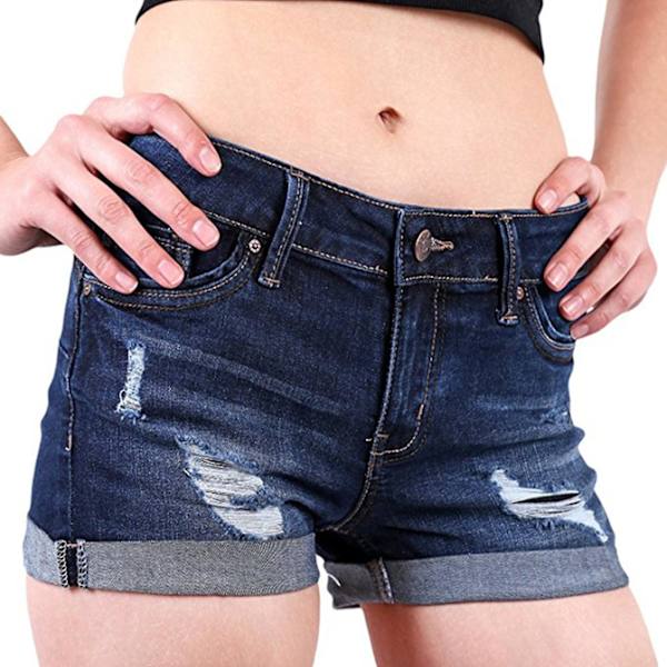 Stretchiga jeansshorts för damer, hög midja, denimshorts med fickor för fritid, utomhusaktiviteter och fest Dark Blue L