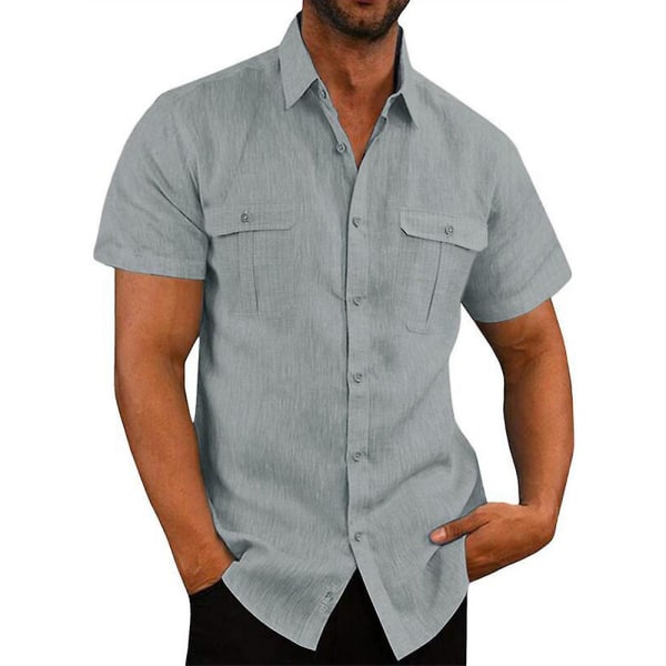 Herre Ensfarvede Kortærmede Skjorter Knap Op Skjortekraver Sommer Casual Lommer Toppe Grey XL