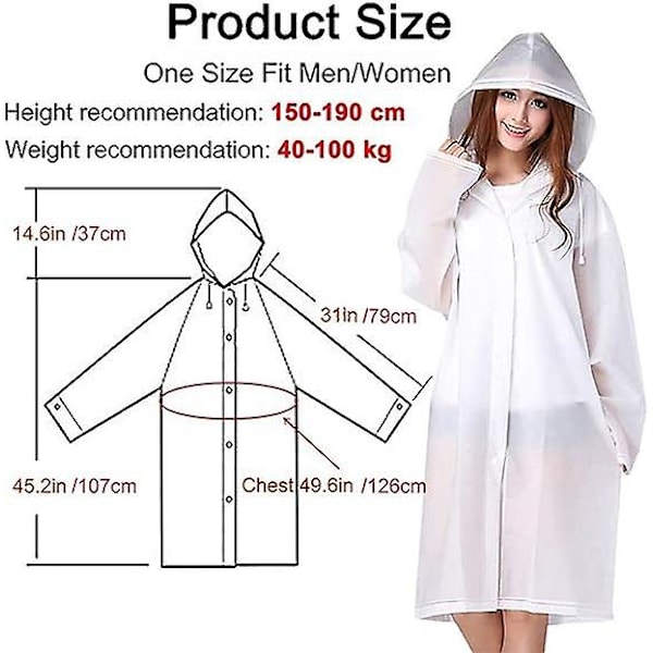 Genanvendelig regnfrakke til voksne, unisex nødregnfrakke, regnfrakke med hætte og snøre white XL