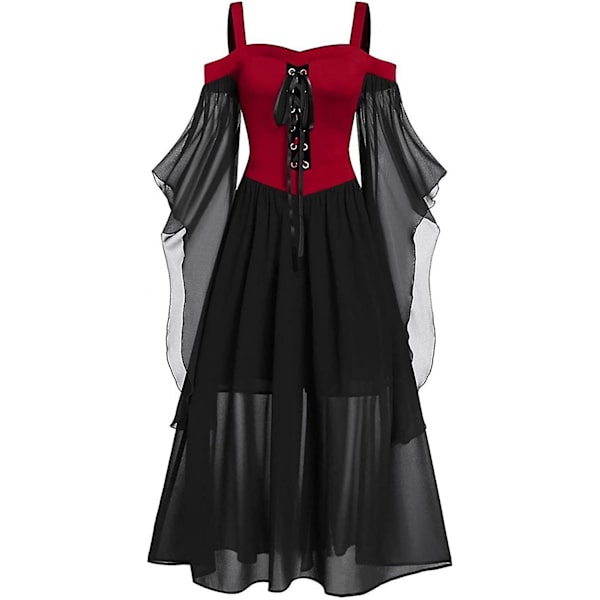 Maxikjole med sommerfugleærmer til kvinder, middelalder punk gotisk tøj, sexet Halloween kostume, kjoler med kolde skuldre og korset C-wine Medium