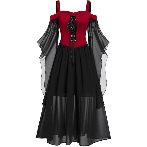 Maxikjole med sommerfuglermer for kvinner, middelalder punk gotisk klesstil, sexy Halloween-kostyme, kjoler med bare skuldre og korsett C-wine Medium