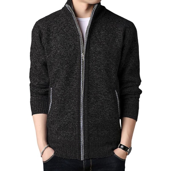 Herre Ull Strikket Trakt Hals Cardigan Jakke Glidelås Genser Topper Black 2XL