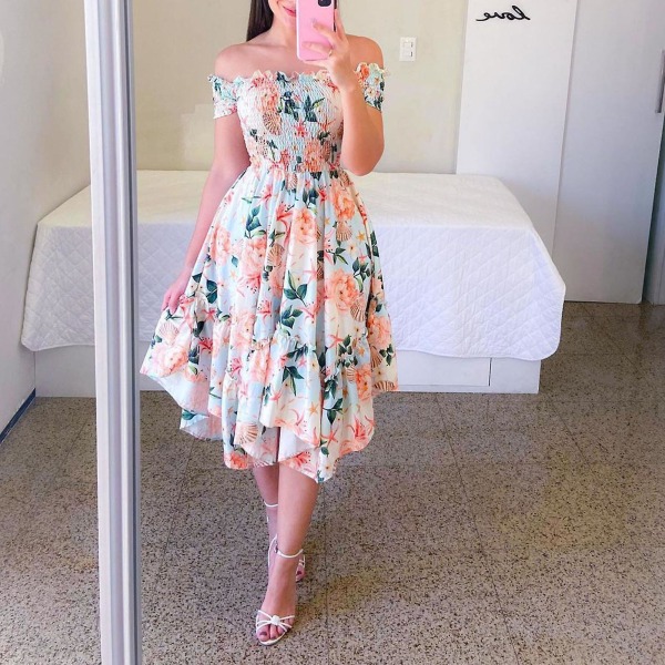 Dame Blomsterprint Off Shoulder Kjole Elegant Stropløs Maxikjole Til Strandbrug Violet S