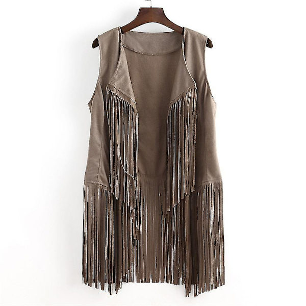 1970-tals Dam Tofs Ärmlös Kavajväst 70-tals Hippie Faux Mocka Fransad Väst Jacka Kofta Beige XL