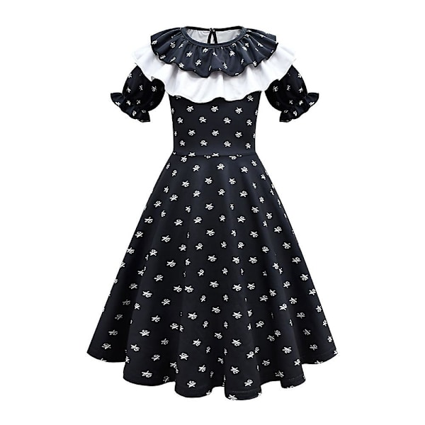 Wednesday Addams -asu, painettu lyhythihainen mekko, lasten tyttöjen vintage goottilainen asu, Halloween-roolileikki, cosplay, naamiaisasu 8-9 Years