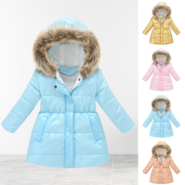 Barnflicka vinter pufferjacka ljus och glänsande färg medellång kappa med huva Dark Blue 110cm