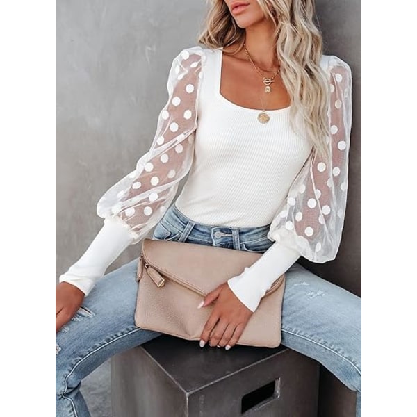 Naisten toppi, neliöpääntie, pallohihat, pitkähihainen, slim fit, neulottu, ribbineulottu paita white XXL