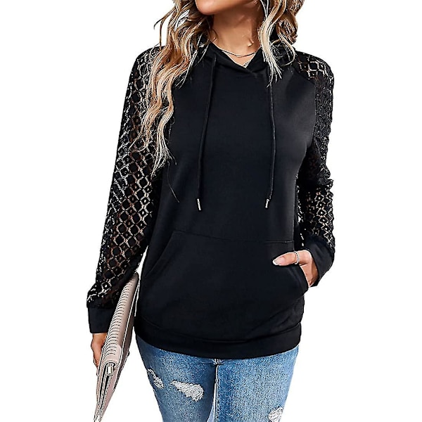 Dame Hættetrøjer Blonde Patchwork Langærmet Hættetrøje Casual Mode Tunika Pullover Stilfuld Elegant Sweatshirt Snøre Jumper Toppe Med Lommer Black M
