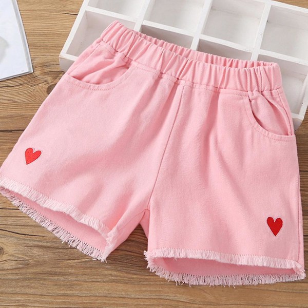 Løse denimshorts til piger med hjertebroderi, afslappede og komfortable shorts til tur, hverdag og hjem Pink 140cm