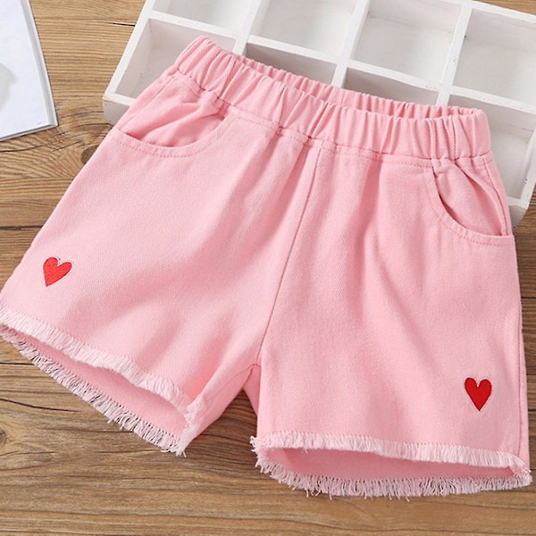 Tyttöjen väljät denim-shortsit sydänkirjailulla, rennot ja mukavat shortsit matkoille, arkikäyttöön ja kotiin White 140cm