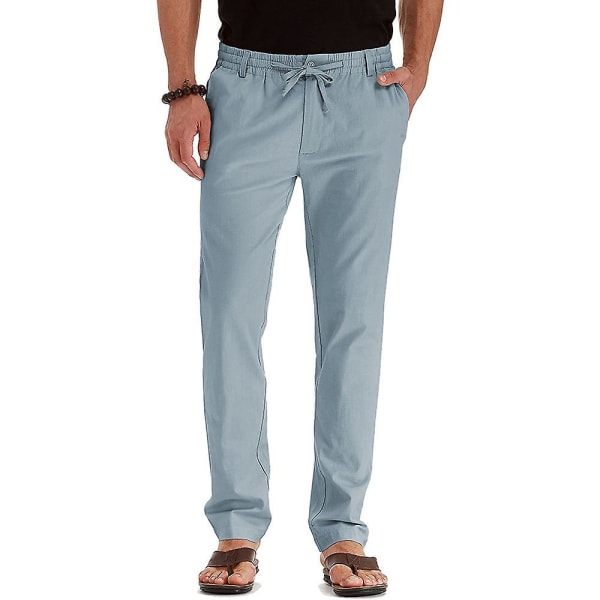 Herre Solid Elastisk Midje Lange Bukser Snøring Rett Ben Casual Bukser Blue L