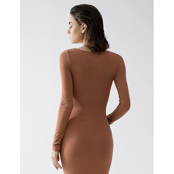 Kvinders firkantet hals langærmet maxikjole blød lounge ribstrikket bodycon kjole til kvinder karamel M Caramel m