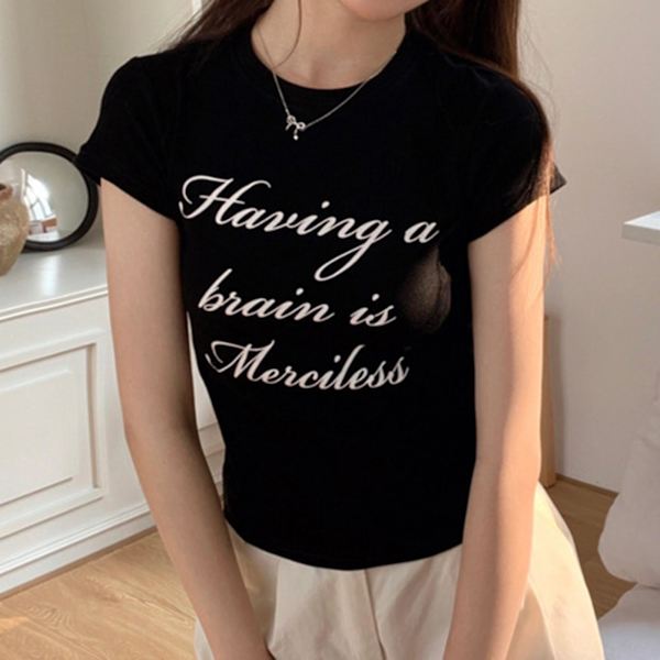 Dame Kortærmet T-shirt Bogstav Print Skjorter Casual Slim Fit Crop Top Til Hjemme Date Party Arbejde Black cotton S