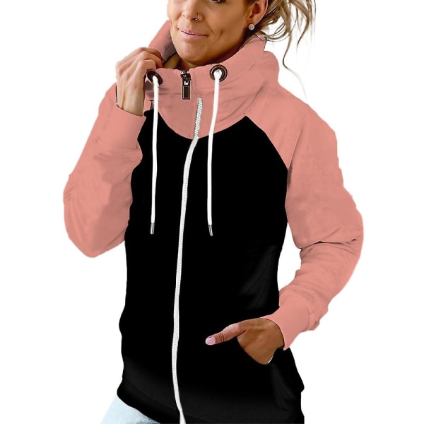 Kvinnor Colorblock Huvtröja med hög hals långärmad Sport Casual Jacka med huva med dragkedja Ytterkläder Plus Size Pink M