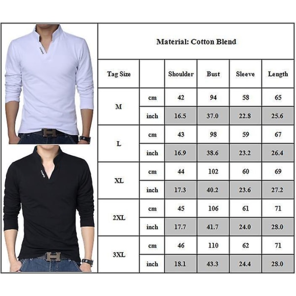 Herre Ensfarget Slim Fit Henley Skjorte Casual Langermet Ståkrage V-hals T-skjorte White 3XL