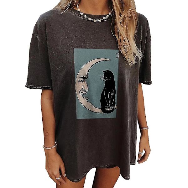 Naisten lyhythihainen pyöreäkauluksinen Moon Cat T-paita 2XL