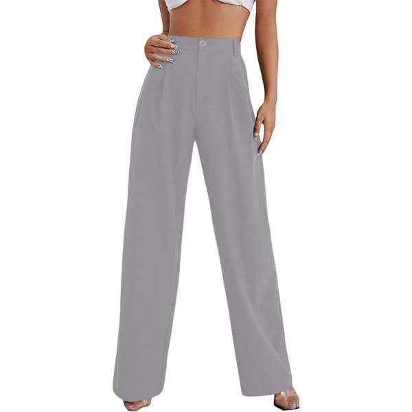 Dame Bukser med Vide Ben Høy Elastisk Midje Bak Business Arbeidsbukser Lange Rette Dressbukser grey L