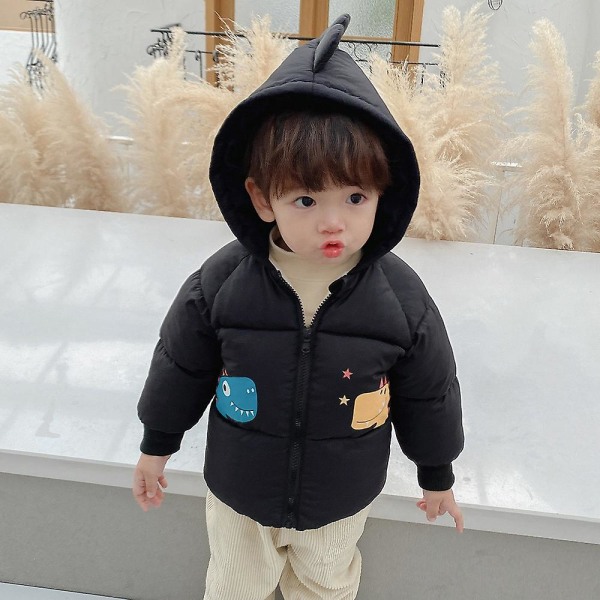 Barn Hoodie Puffer Jacka Plyschfodrad Tryckt Vinter Kort Kappa Med Luva Black 90cm