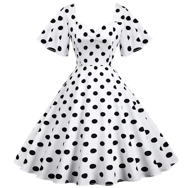 Kvinnors Retro Resestil Vågsöm Kortärmad Prickig Midilång Klänning White S