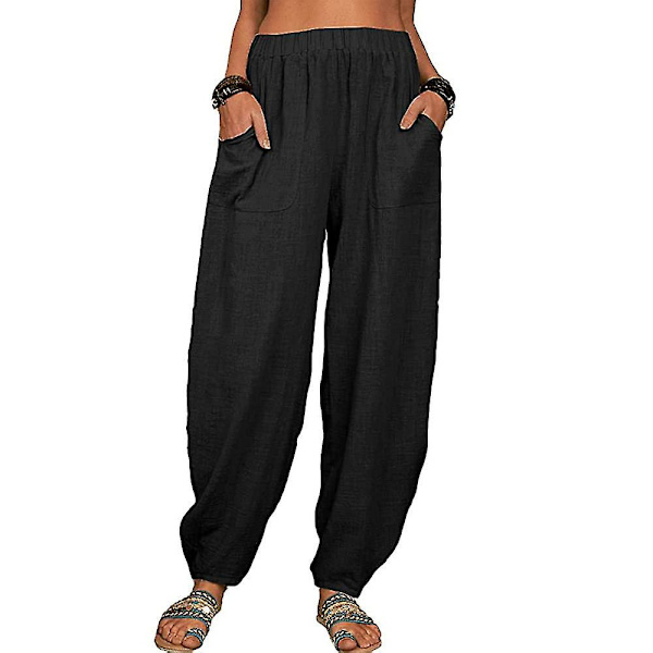 Dam Bomull Linne Look Baggy Vida Ben Byxor Casual Yoga Haremsbyxor Sommar Strand Black XL