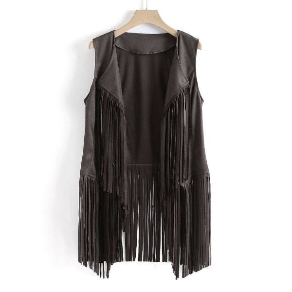 Kvinnor Faux Mocka Ärmlös för jacka Fringe Tofsar 70-tal Hippie Open Front Cardigan Gray L