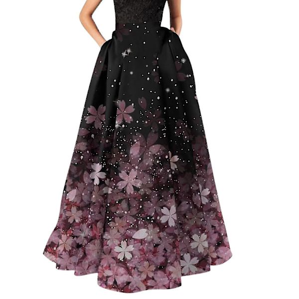 Elastisk midje blomsterprintet plissert A-linje maxi-skjørt for kvinner Pink M