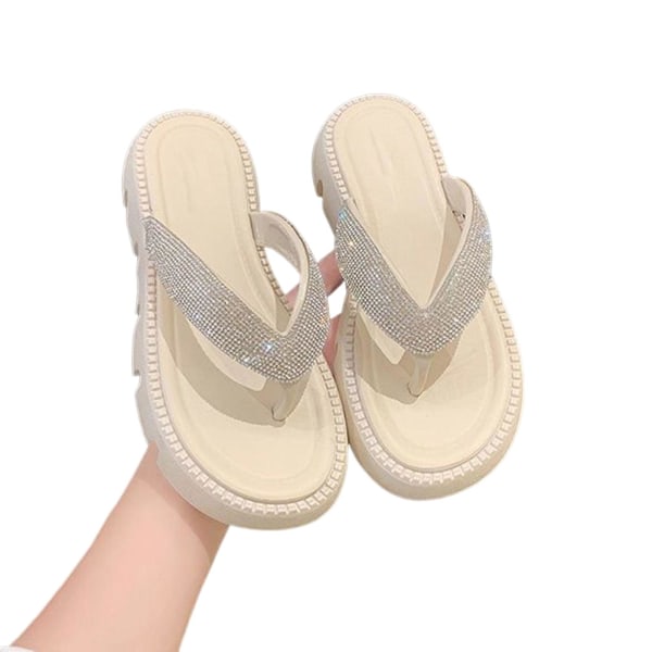 Naisten strassikivikoristeiset varvassandaalit, keskikorkea pohja, kimaltavat ja mukavat rantasandaalit kesähäihin Flip Flops White 40-41