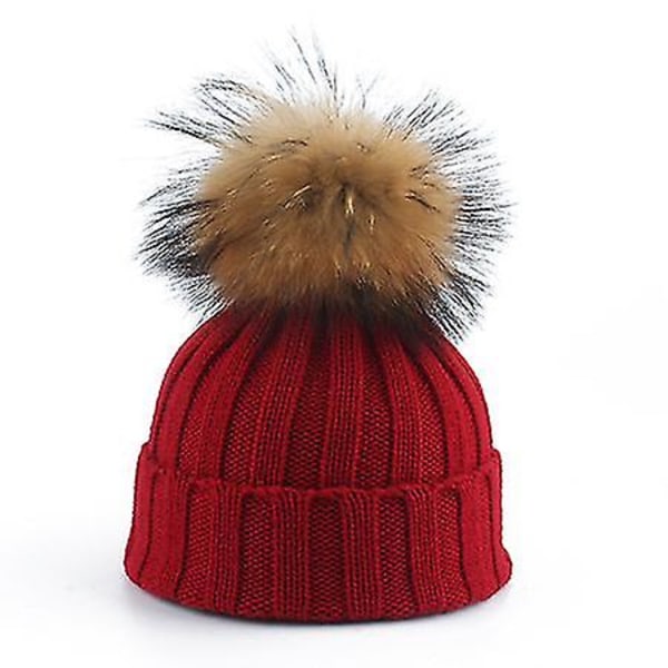 Småbarn Jenter Gutter Varm Vinter Pels Pom Lue Strikket Beanie Heklet Ski Ball Caps Red
