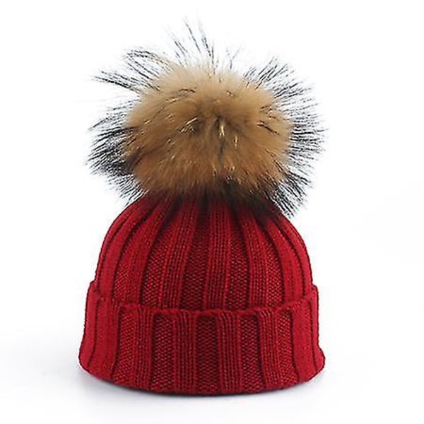 Toddler Flickor Pojkar Varm Vinter Päls Pom Hat Stickad Beanie Virkad Ski Ball Cap Red