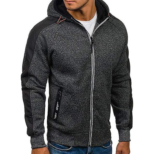 Herre Colorblock Langermet Hettegenser Sport Fritid Glidelås Hettejakke Yttertøy Med Lommer Black Grey M