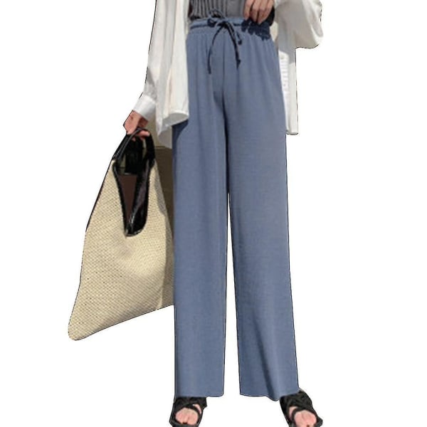 Dame Ice Silks Vide Ben Bukser Løse Elastisk Midje Casual Sommer Lange Bukser-r Blue L