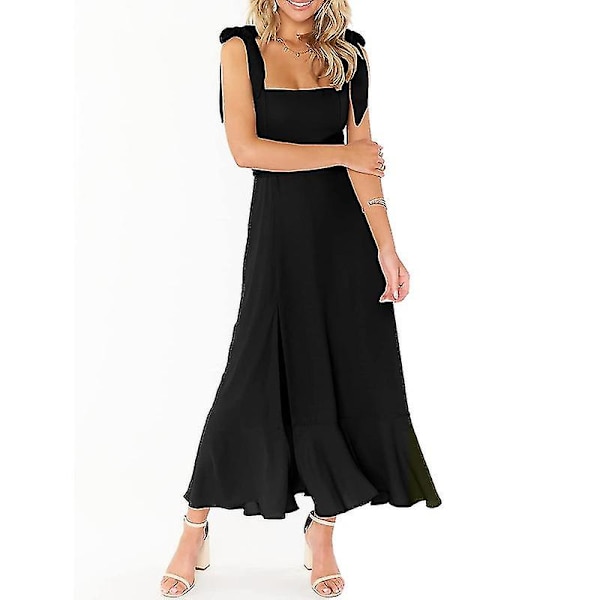 Eleganta Tärnklänningar för Kvinnor, Fyrkantig Halsringning, Delad Midi Formell Klänning Black M