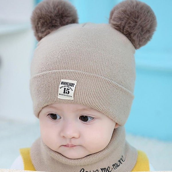 Baby Stickad Pom Pom Bobble Hat Och Snood Halsduk Pojke Flicka Toddler Beanie Set Khaki