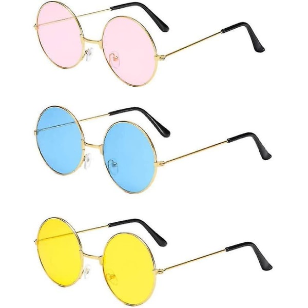 Runda solglasögon retro hippie cirkelfärgade glasögon blå rosa gul lins 3 par, färgade solglasögon (rosa+gul+blå3st)