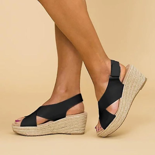 Dam sommar ankelrem mid wedge klack espadriller plattform sandaler skor Black EU 39